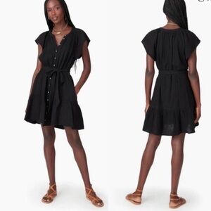 Xirena Jude Dress Cotton Gauze Button Front Flutter Sleeve Black Mini Dress XS